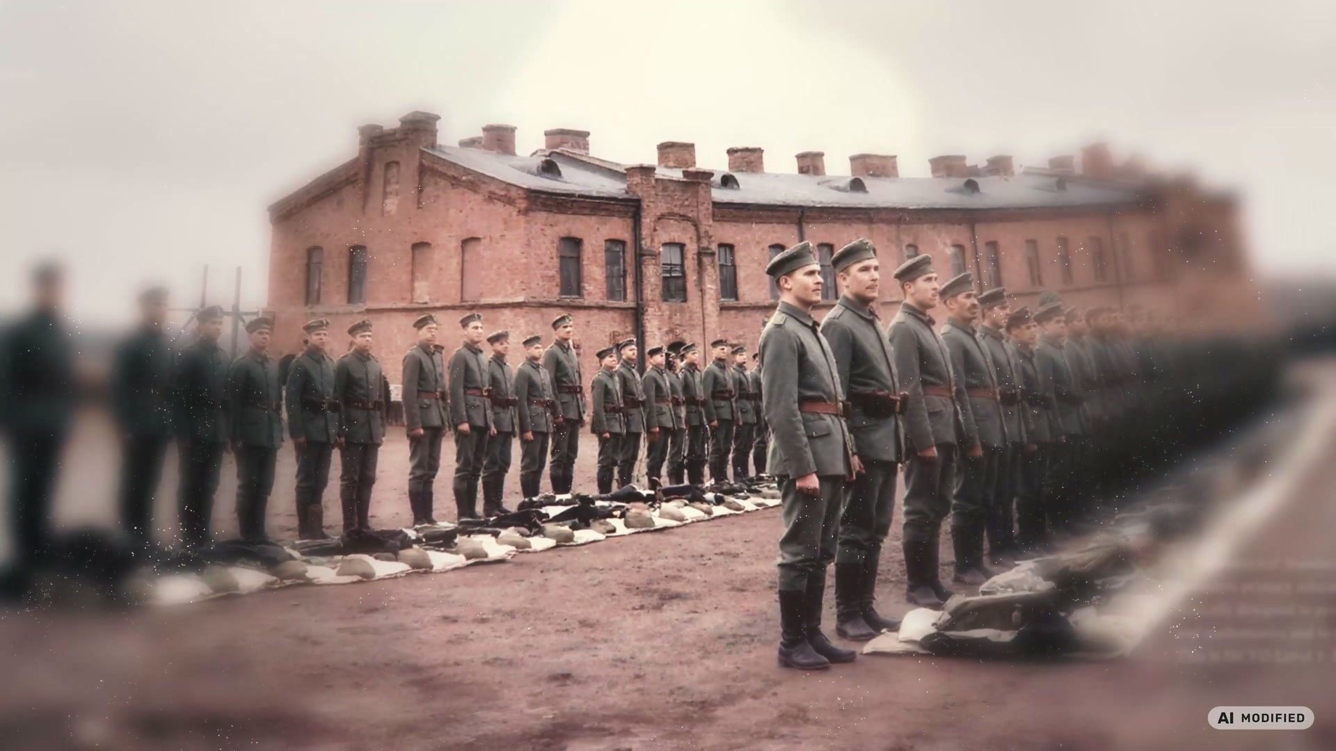 Jääkärit 360 — Jägers lined up before their barracks, an AI-assisted panoramic scene